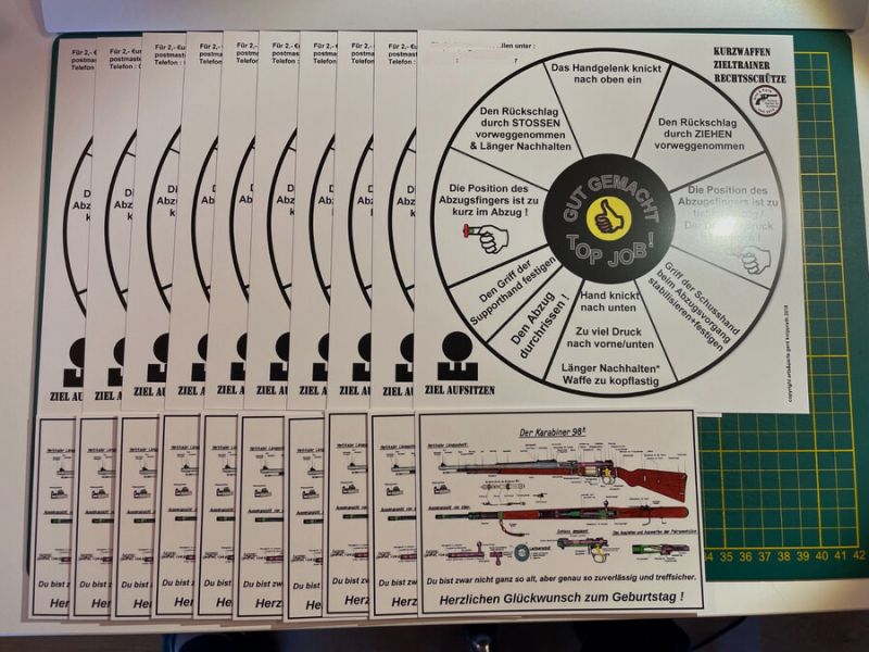 10 x Zieltrainer Pistole Revolver & 10 x Geburtstagskarte K98 Glock SIG Colt Walther Heckler Beretta