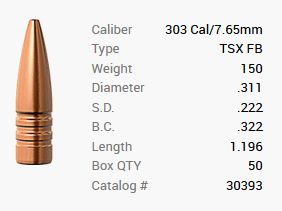 Barnes Geschoss .303/.311 150GR TSX FB 50 Stück