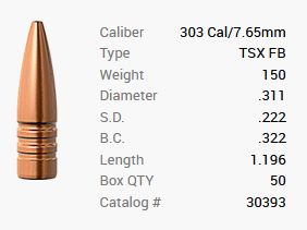 Barnes bullet .303/.311 150GR TSX FB 50 pieces