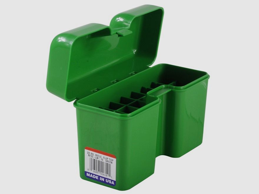 MTM scatola per cartucce RF22-LM-10 verde con coperchio a ribalta per 22 cartucce .300 e altre.