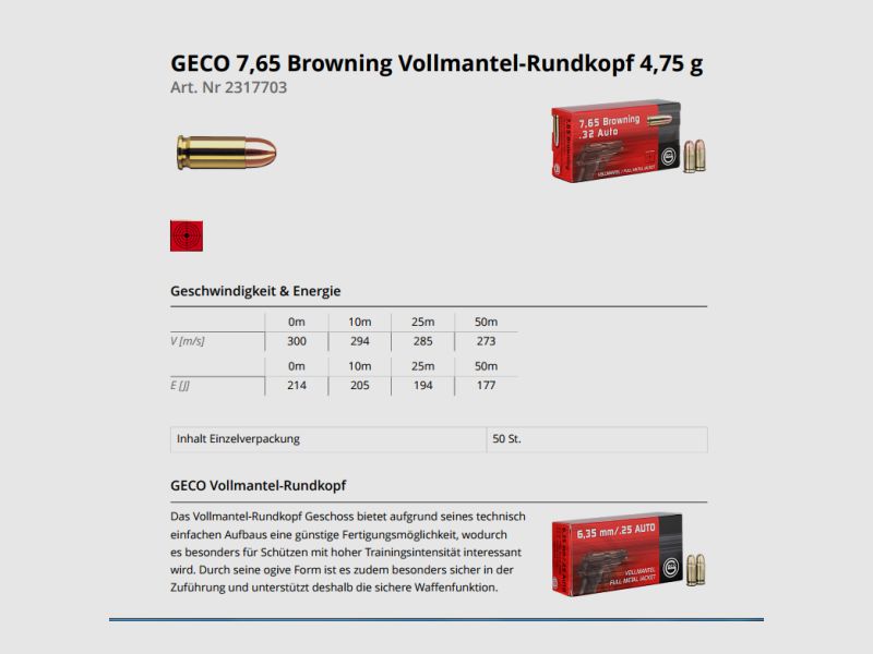 GECO Pistolenmunition 7,65mm/.32Auto VM 50 Stk   73grs/4,75g
