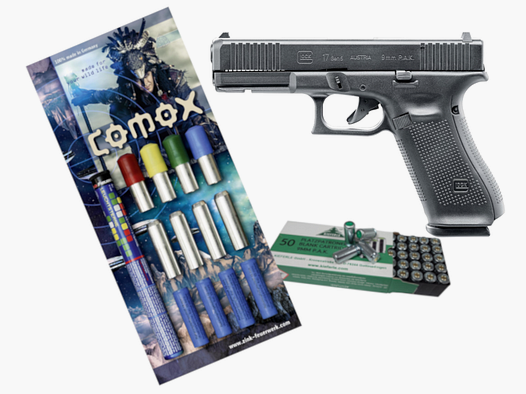 Glock 17 Gen. 5 cal. 9 mm P.A.K. con 50 disparos y 22 municiones pirotécnicas en el set
