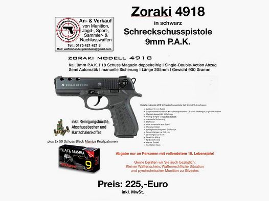 ZORAKI Modell 4918  im Kaliber 9mm P.A.K.   mit 100 Schuss Black Mamba Knallpatronen