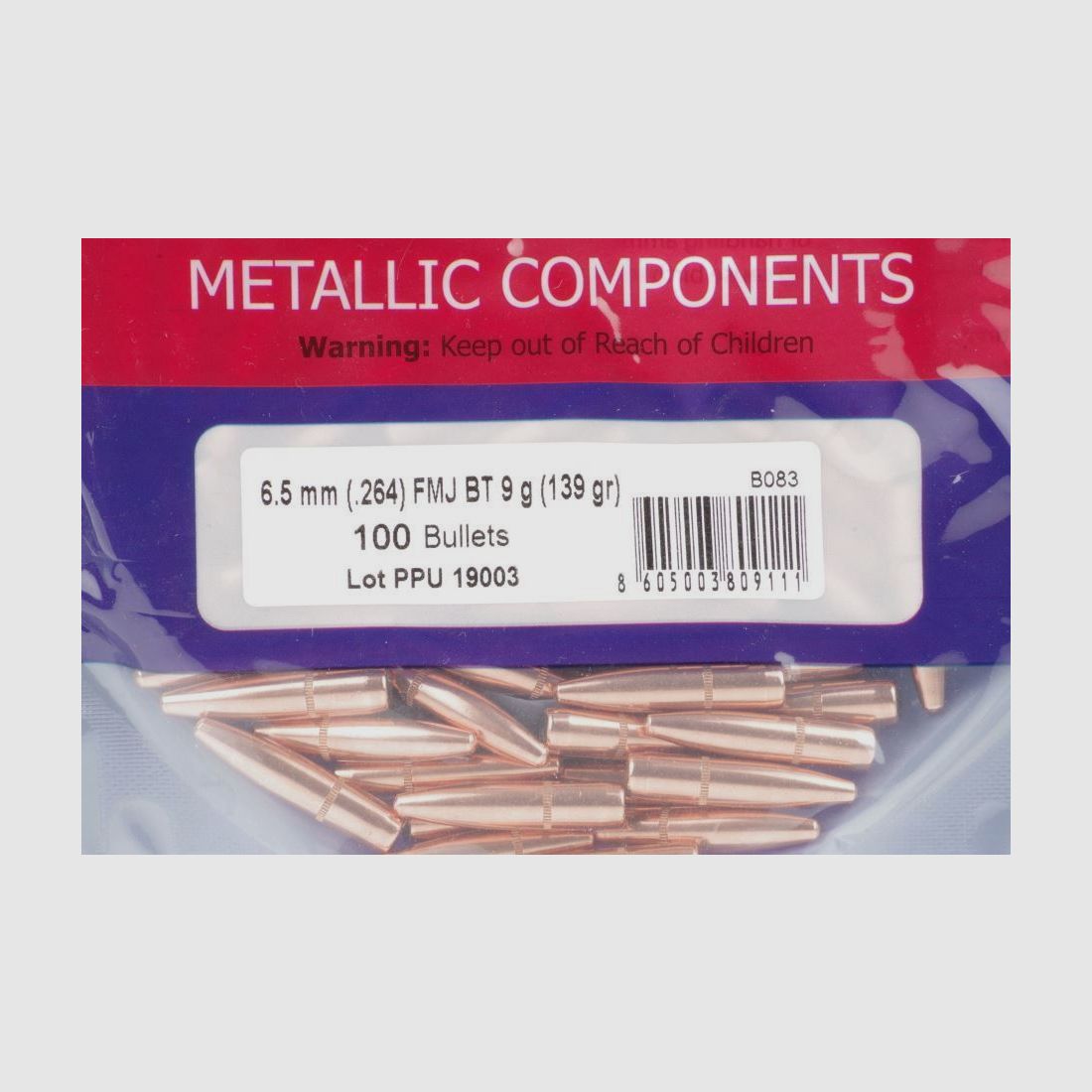 PPU Bullets 6.5mm - .264 in 139 Grain 9.0 Grams - 100 pcs #B-083 - FMJ with Crimping Groove