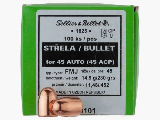 SELLIER & BELLOT GESCHOSSE .452 / .45 - FMJ - 14,9 G / 230GRS - 100 STÜCK