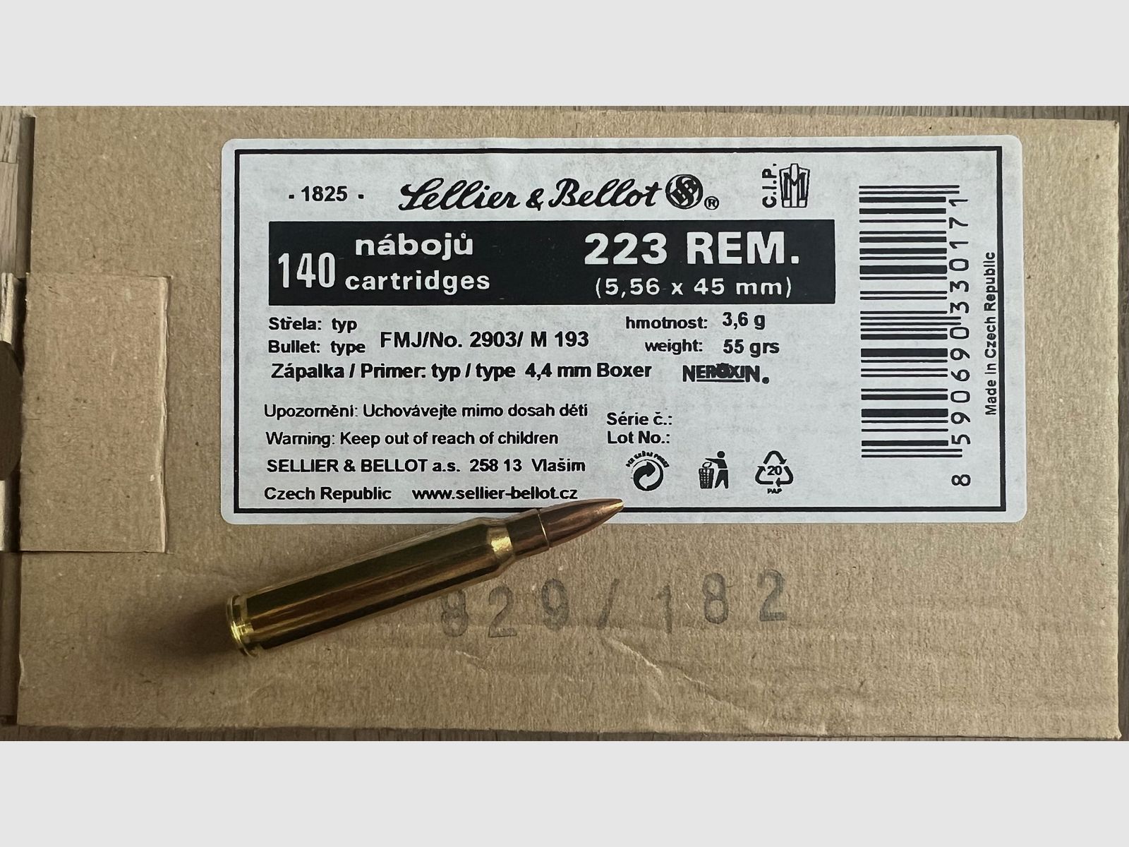 Sellier & Bellot .223 Rem 55 gr FMJ (M193) – 1120 cartouches – Neuf | 8 paquets disponibles