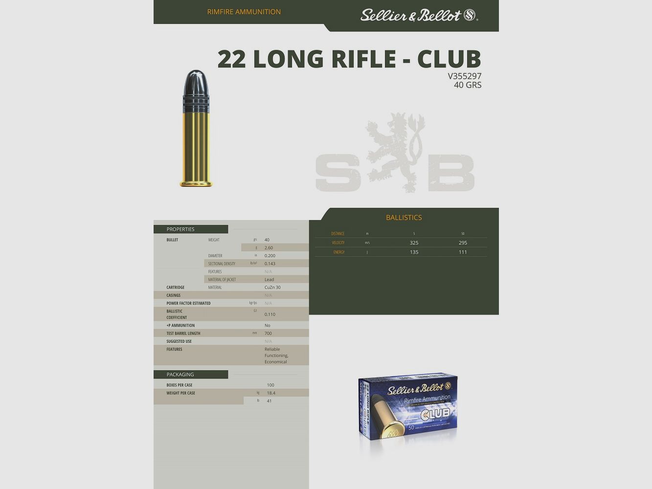 Sellier Bellot 22 Lr Club LRN 40 grs x 50 Munition, Bild 3 von 3