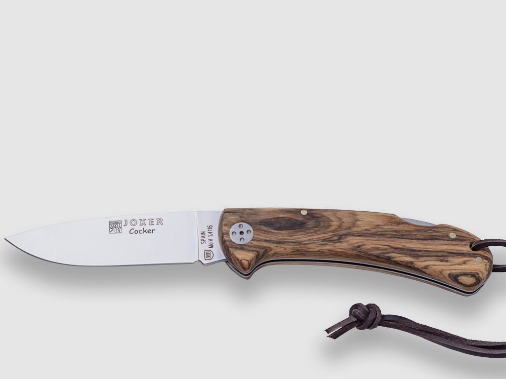 NAVAJA DE CAZA JOKER COCKER HOJA ACERO INOX MOVA 9 CM Y CACHAS EN MADERA DE BOCOTE