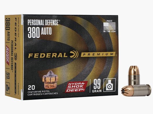 Federal Premium Personal Defense Hydra-Shok Deep .380 Auto 99GR HP 20 Patronen
