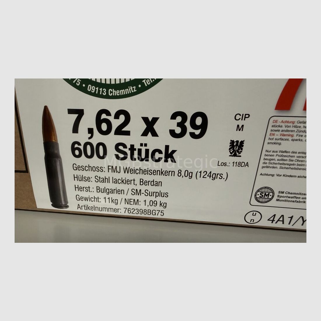 Cartucce 7,62 x 39 Surplus - SM 600 colpi - Paese di origine Bulgaria, involucro in acciaio verniciato Berdan, proiettile 8,0 gr. nucleo morbido, confezionato in 75/600 cartucce in UN BOX con CIP