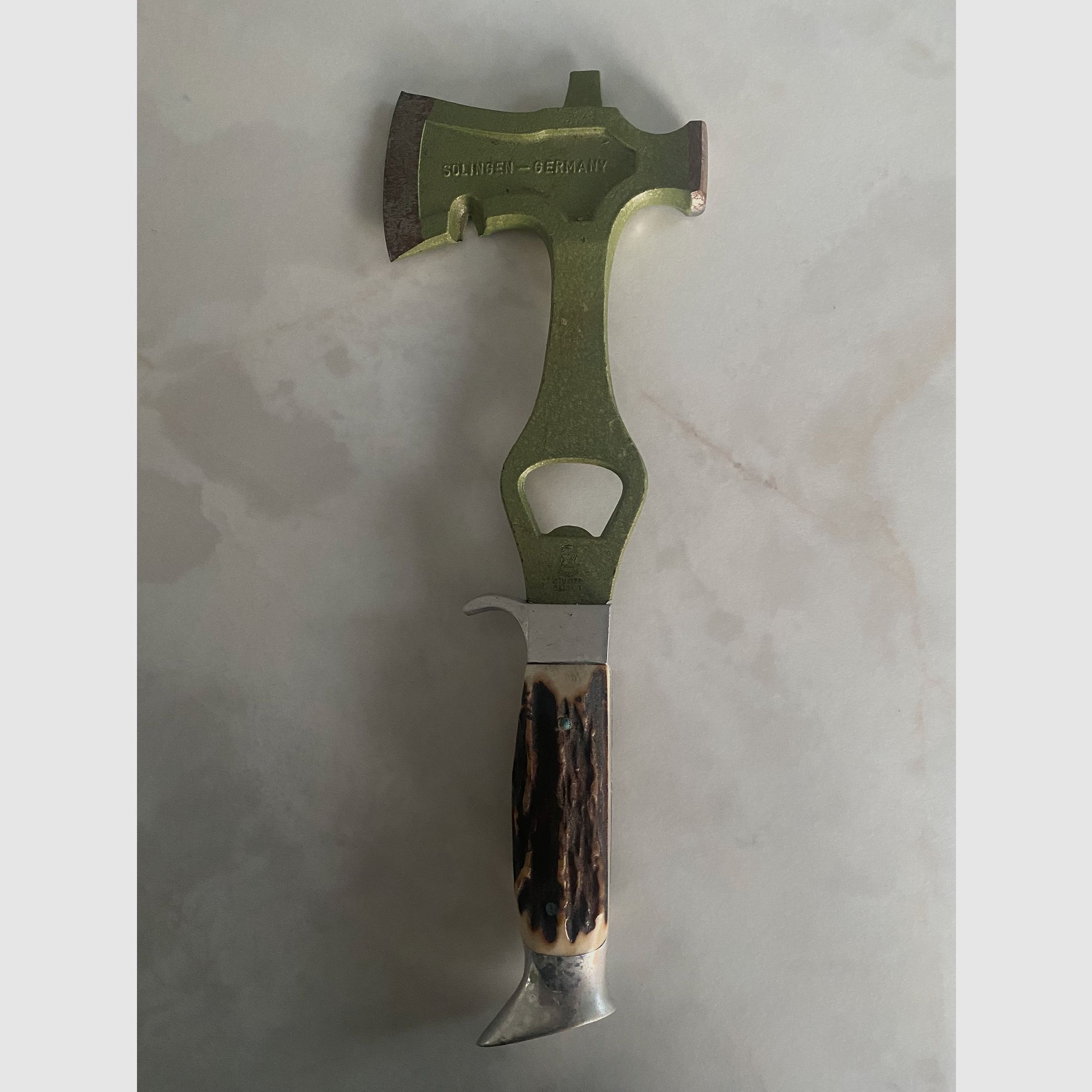 Ascia da caccia vintage / ascia da campeggio Solingen – Germania con manico in corno di cervo