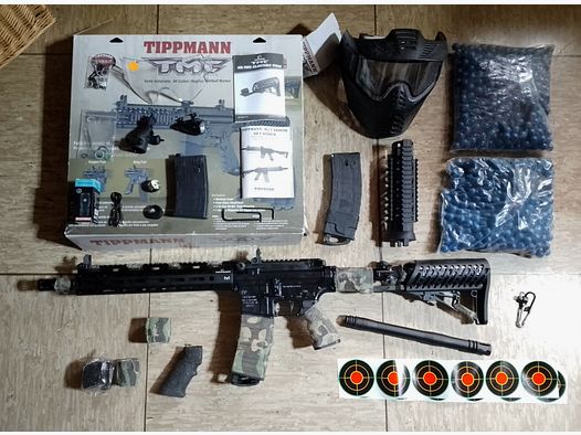 Tippmann Tmc Elite Markierer .68 Zubehör Tuning Lauf 1000 stk. Paintballs Cal 68 Set LED Lampe 3 Magazine Maske Ovp 