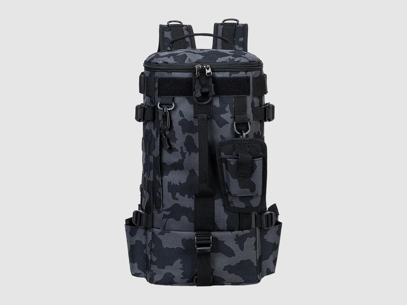 Angelrucksack mit Rutenhalter, taktischer Rucksack mit MOLLE und Fächern für Köderboxen (Blau / Tarnmuster)