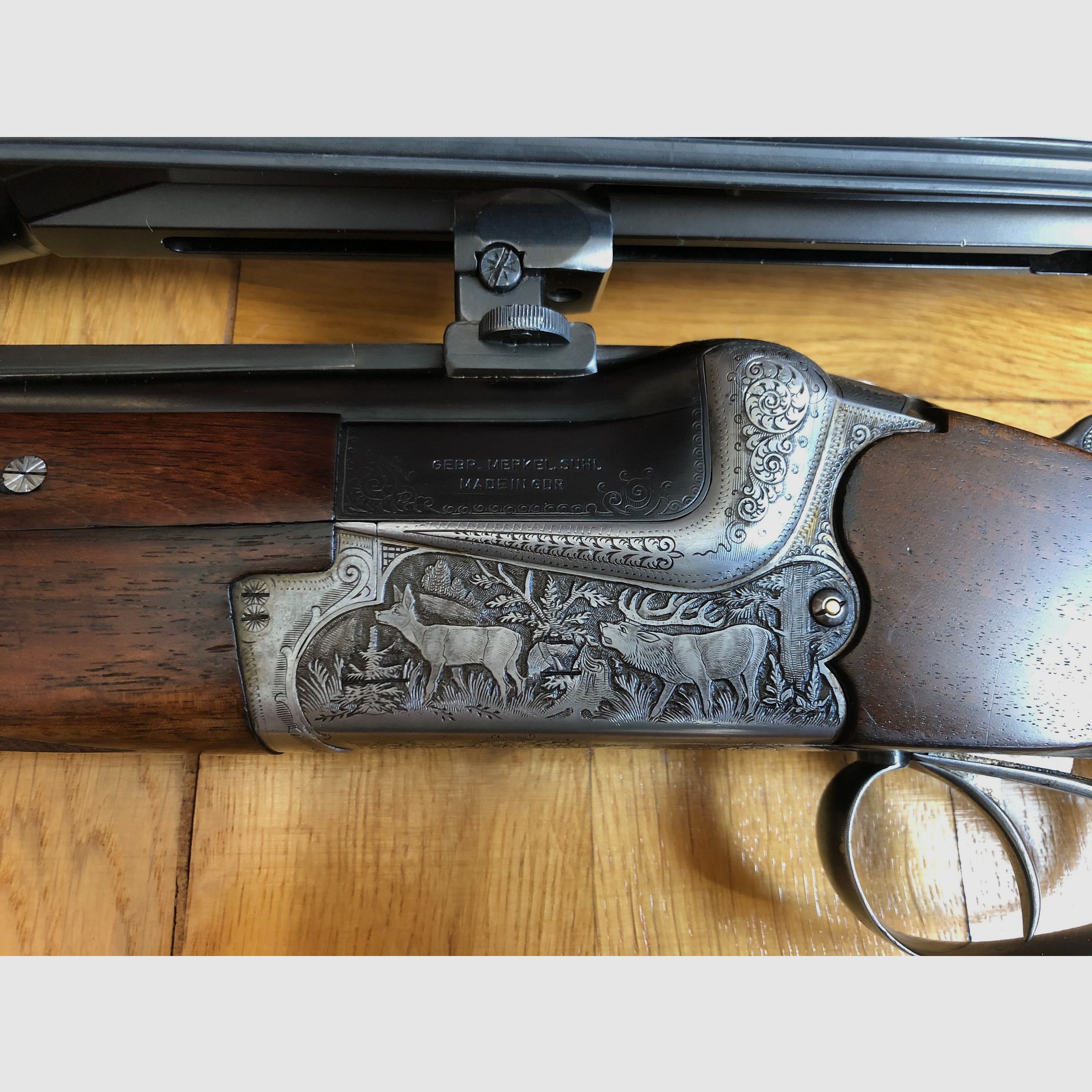 Bockdoppelbüchse Merkel BDB 221E 8x57JRS / Zeiss Diavari 3-12x56 (incl. verwisselbare lopen: BBF 7x57 R & 12/70 en BF 12/70 ) Bj. 1988