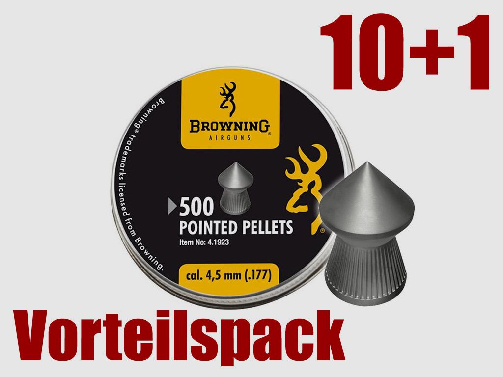 Vorteilspack 10+1 Spitzkopf Diabolos Browning Pointed Pellets Kaliber 4,5 mm 0,52 g geriffelt 11 x 500 StĂĽck