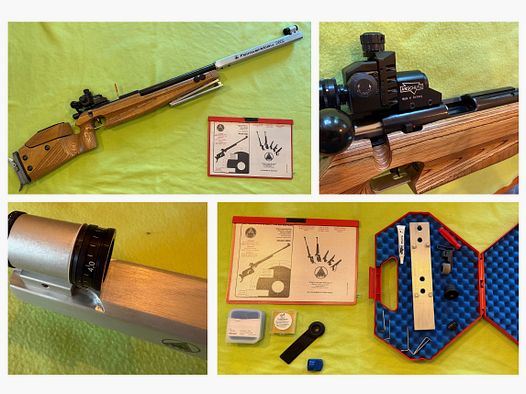 Feinwerkbau 2602 KK Match Carabine .22lfb avec dioptre Anschütz ainsi qu'accessoires, crosse en bois droite