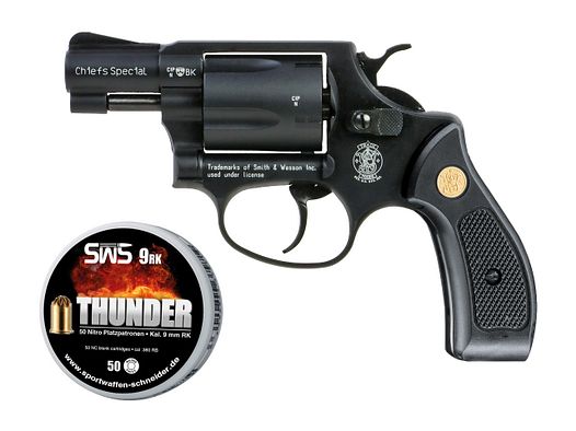 Schreckschuss Revolver Smith & Wesson Chiefs Special schwarz Kunststoffgriffschalen Kaliber 9 mm R.K. (P18) + 50 Schuss