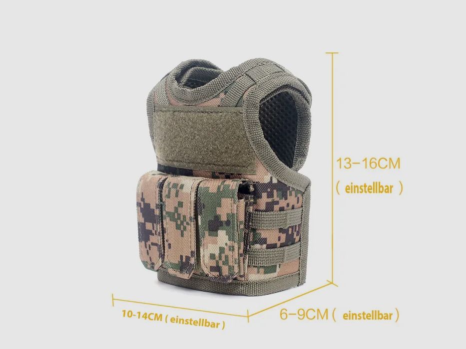 Mini Tactical Schutzweste mit Fronttaschen für Bierflasche / Weinflasche / Thermosflasche - Digital-Woodland