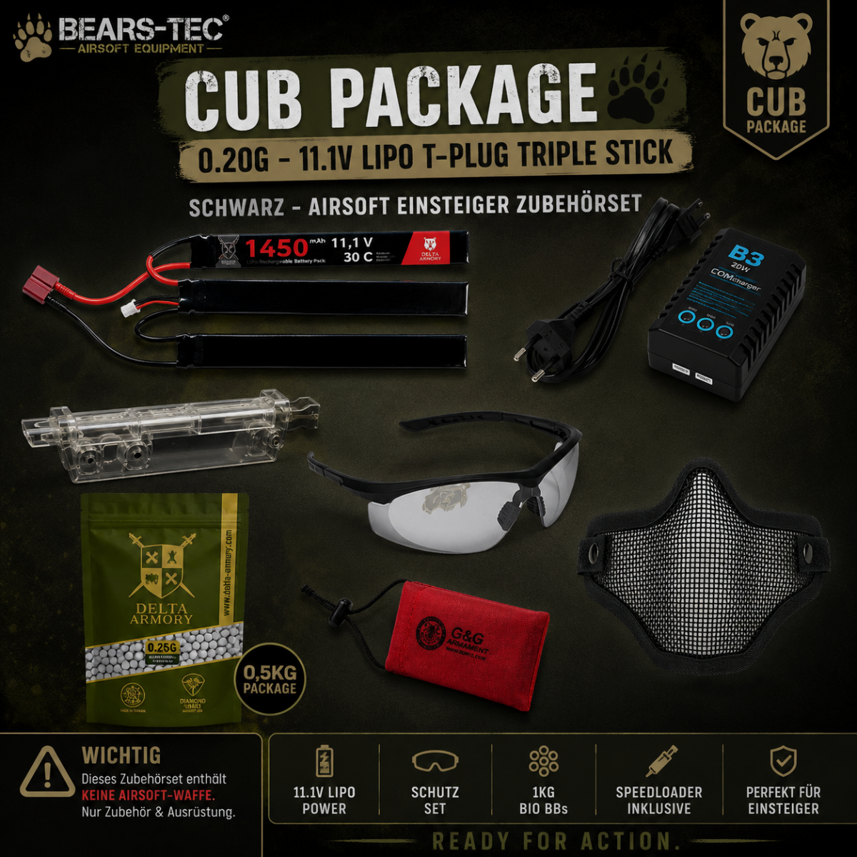 Cub Package 0.20g – 11.1v LiPo T-Plug Triple Stick Negro – Kit de Accesorios para Principiantes para Airsoft, imagen 1 de 8