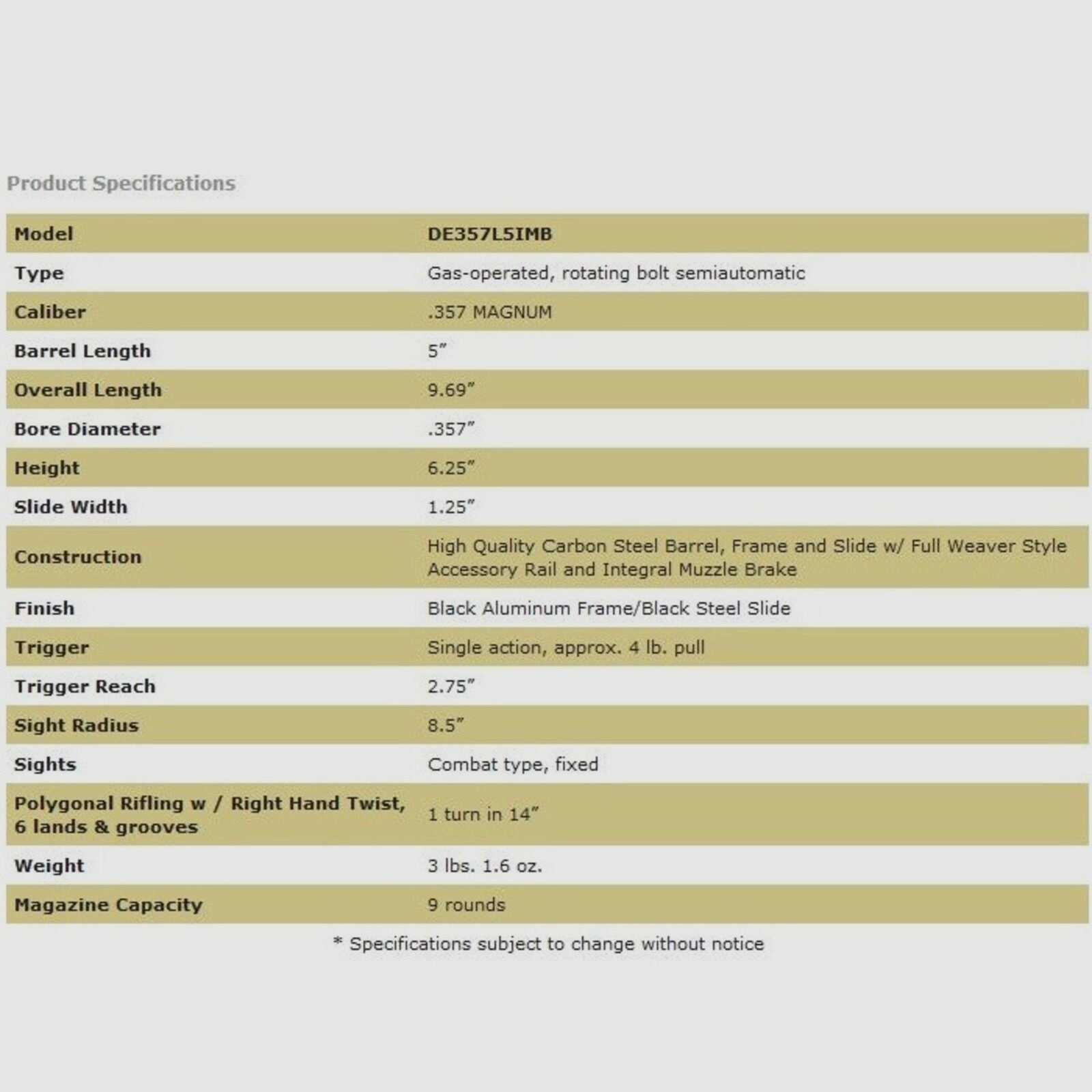 Magnum Research Desert Eagle L5" (5 inches) Black MB Integral .357Mag