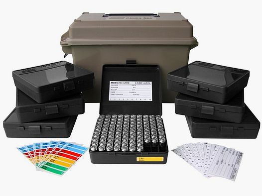 Boîte de munitions MTM ACC45 terre sombre pour 700 cartouches incluant 7 boîtes de cartouches P-100-45 pour .45 ACP et autres.