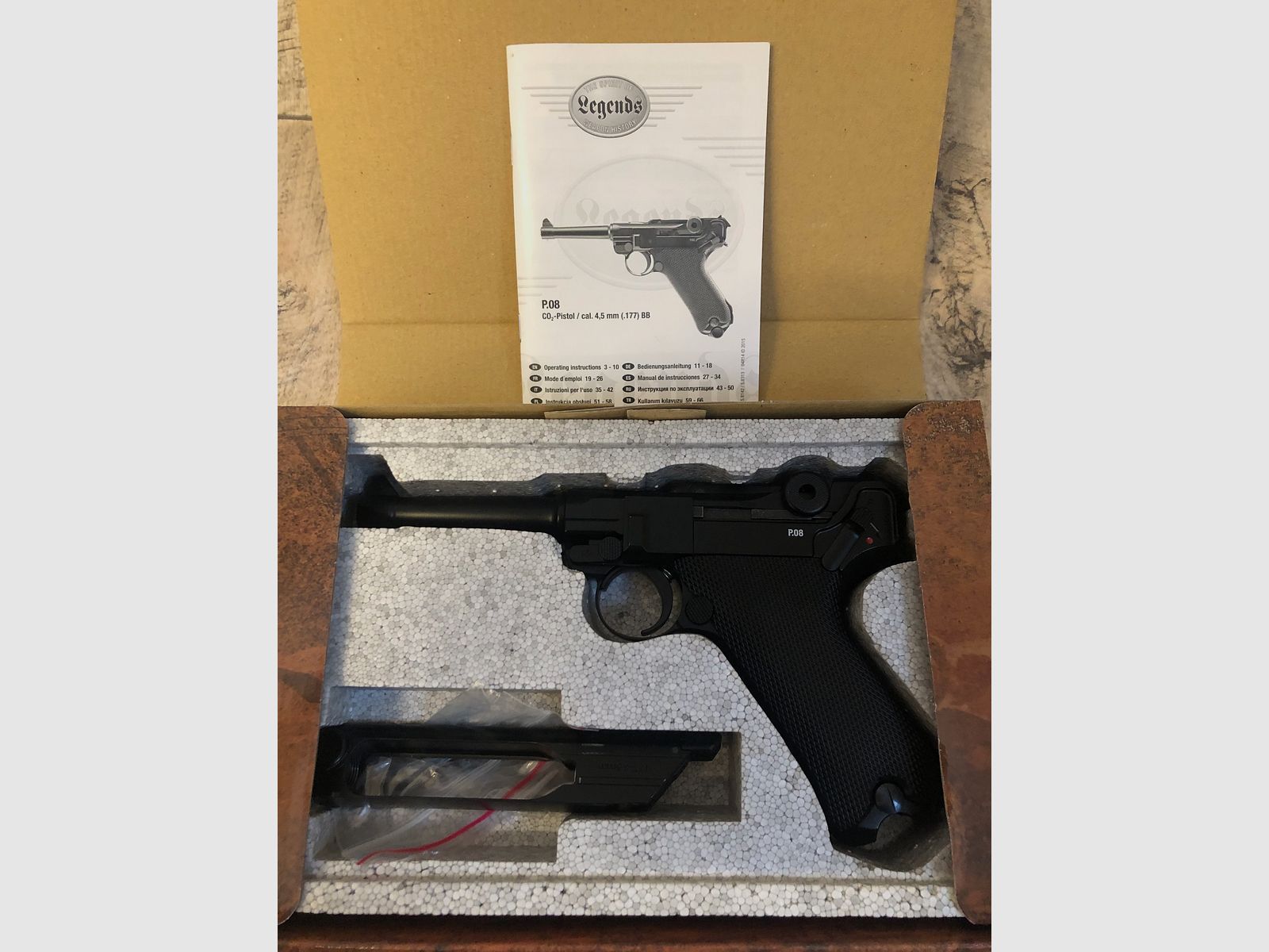 Legends air pistol P08 CO2, Parabellum pistol, 4.5 mm blowback, black, airgun