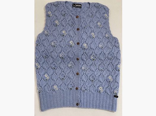 Pezzo Gilet Tricoté à la Main avec Fleurs en Cachemire et Laine Mérinos en Bleu Clair