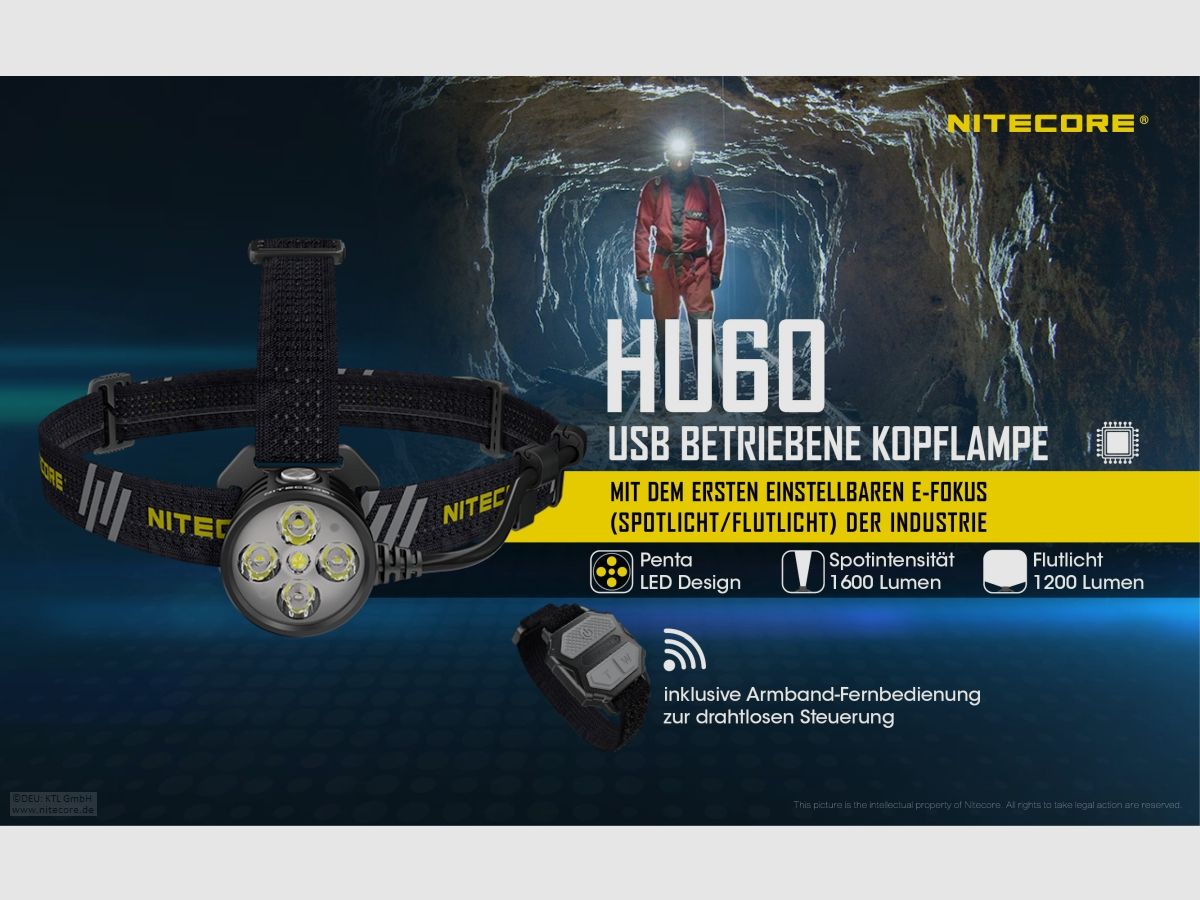 Nitecore HU60WB-2 Stirnlampe 1600 Lumen elektronischer Fokus inklusive Fernbedienung