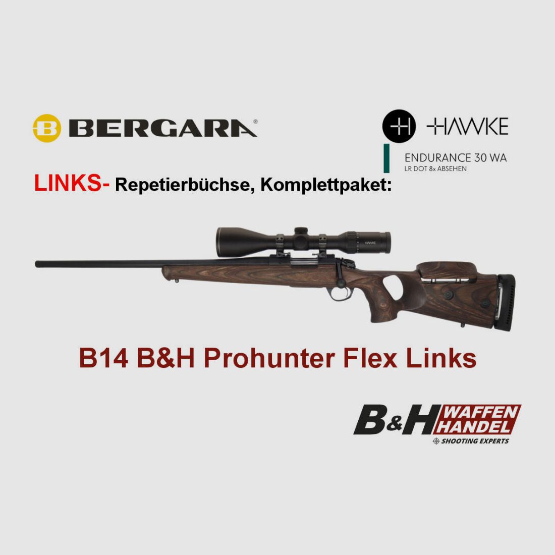 Bergara B14 B&H Prohunter Flex SINISTRO calcio forato ZF Endurance 3-12x56 montato / Opzionale: silenziatore Brenner