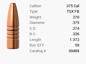 Proiettile Barnes .375/.375 270GR TSX HP FB 50 pezzi