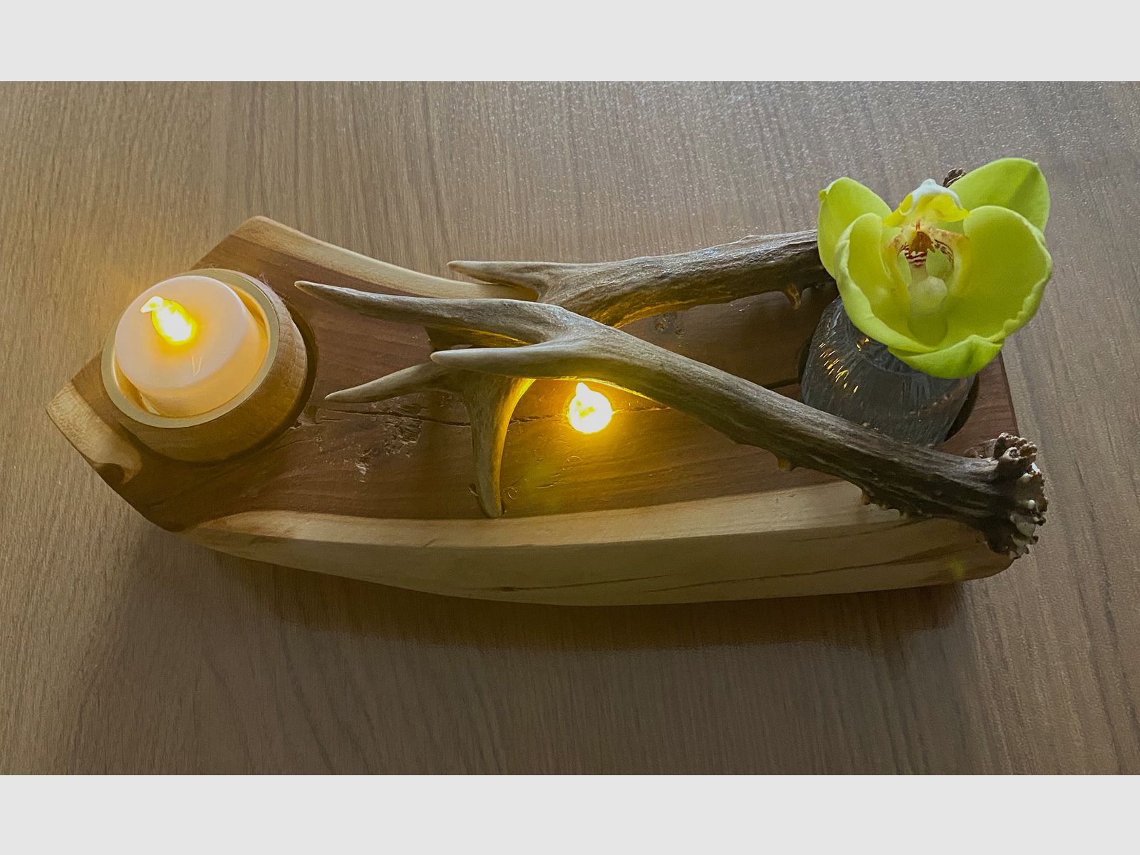 Tischdeko Deko Beleuchtung Vase Geweihstangen Holz