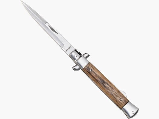 Cuchillo de bolsillo Stiletto de dos manos de madera de cebra conforme al §42a para llevar legalmente