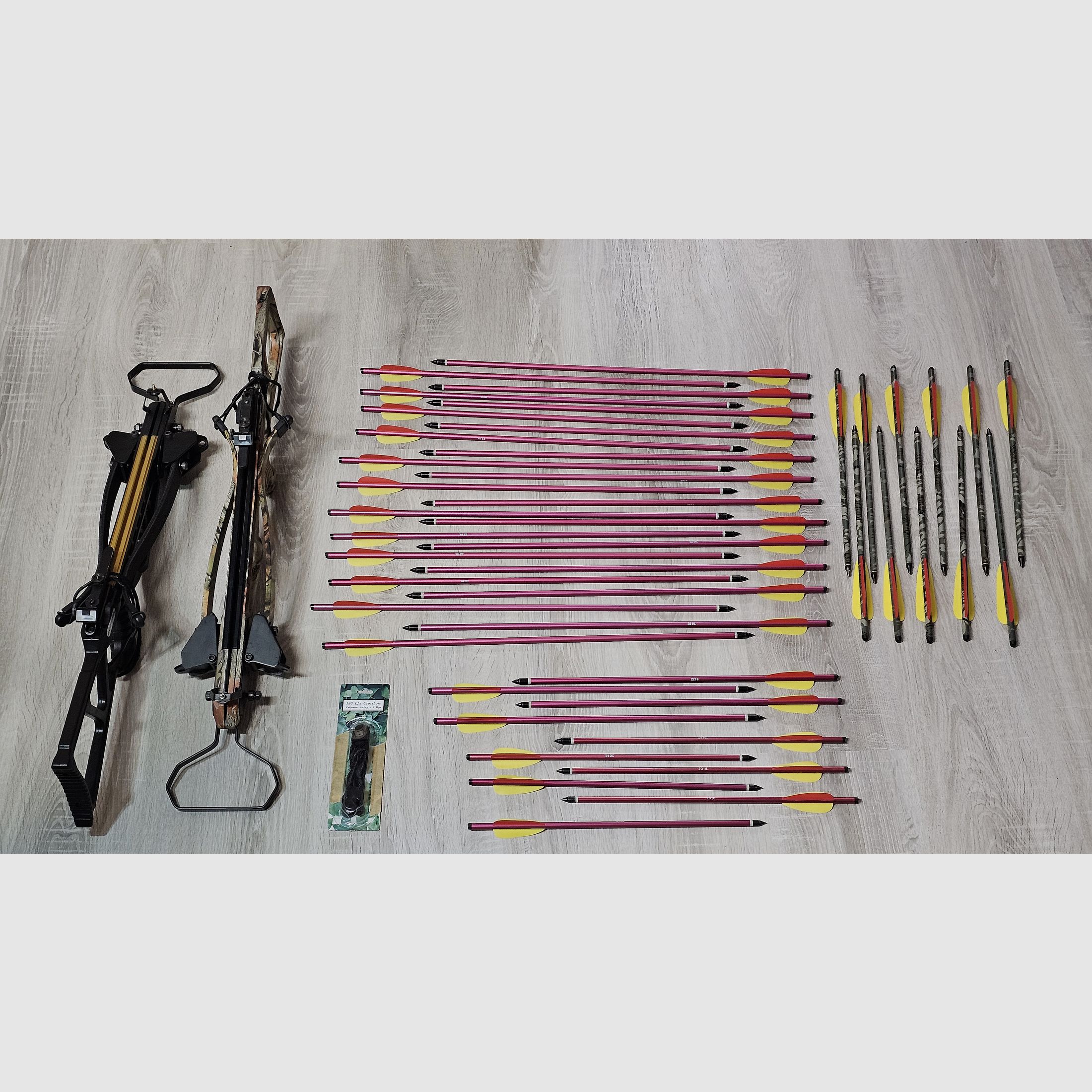 Recurve crossbow double set: 2x Skeleton Hunter 120 lbs (Camo & Black) foldable, 45 bolts, spare string
