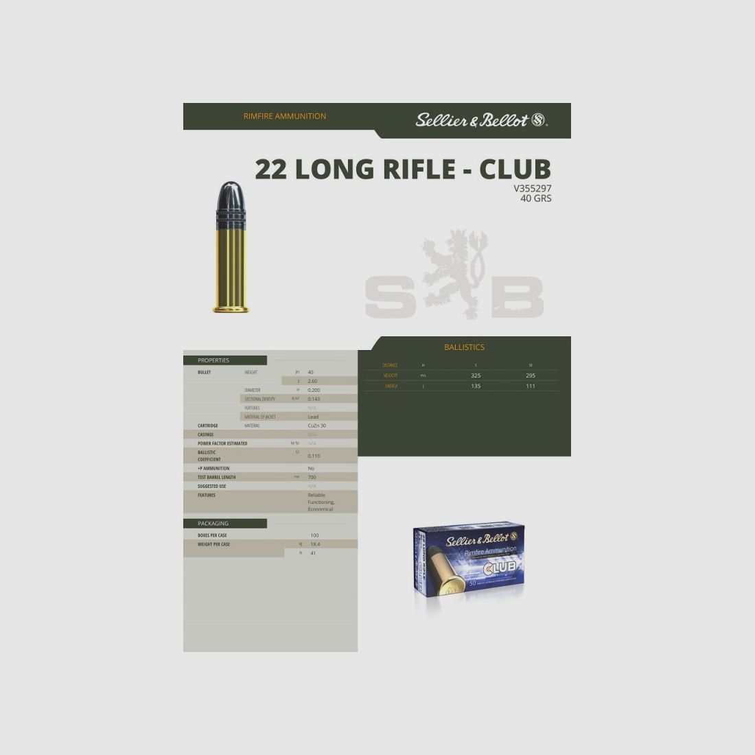 50 Patronen S&B Kal. 22 Lr Standard Club 40gr LRN, Bild 2 von 3