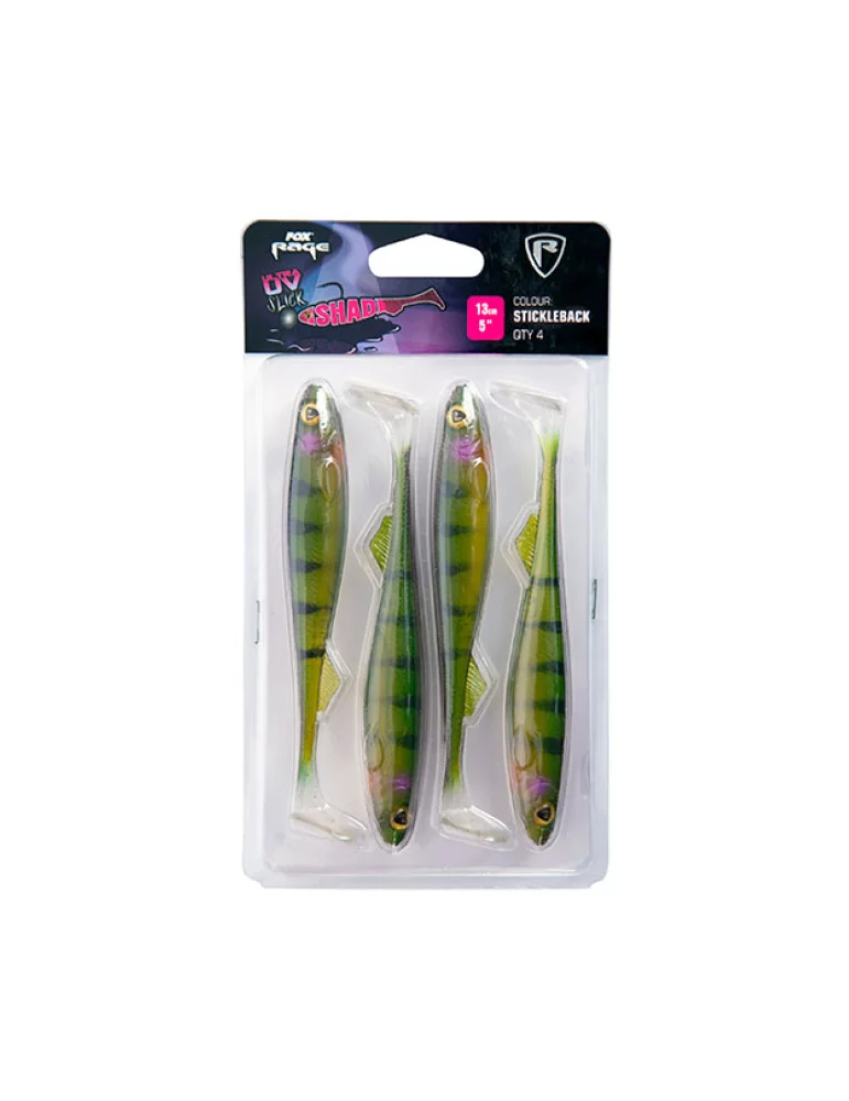 Pack mit 4 ultra UV Slick Shad 13cm Stichling Fox Rage