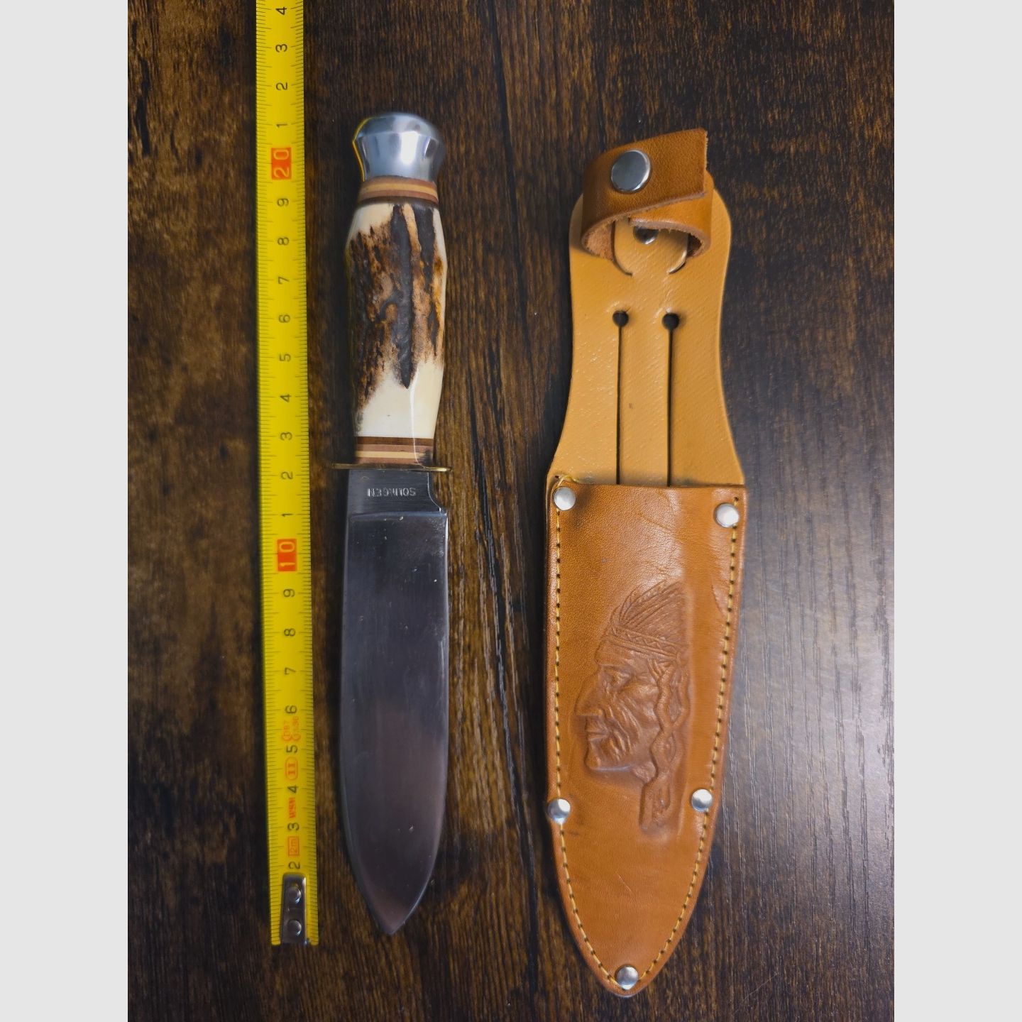 Cuchillo de caza Solingen con mango de asta de ciervo acero inoxidable Drop-Point 10,1–13 cm + funda