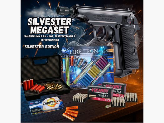 SILVESTER MEGASET !!! Schreckschuss - Pistole - Walther PP - 9 mm P.A.K. inkl. Koffer, 100 Platzpatronen & 66 Schuss Effektmunition