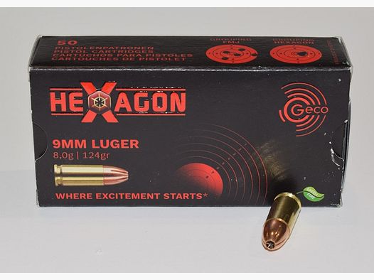 boite 50 cartouches GECO 9×19 Luger Hexagon 124 Grains
