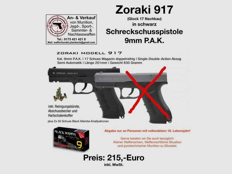 ZORAKI Model 917 schwarz im Kaliber 9mm P.A.K. mit 100 Schuss Black Mamba Knallpatronen