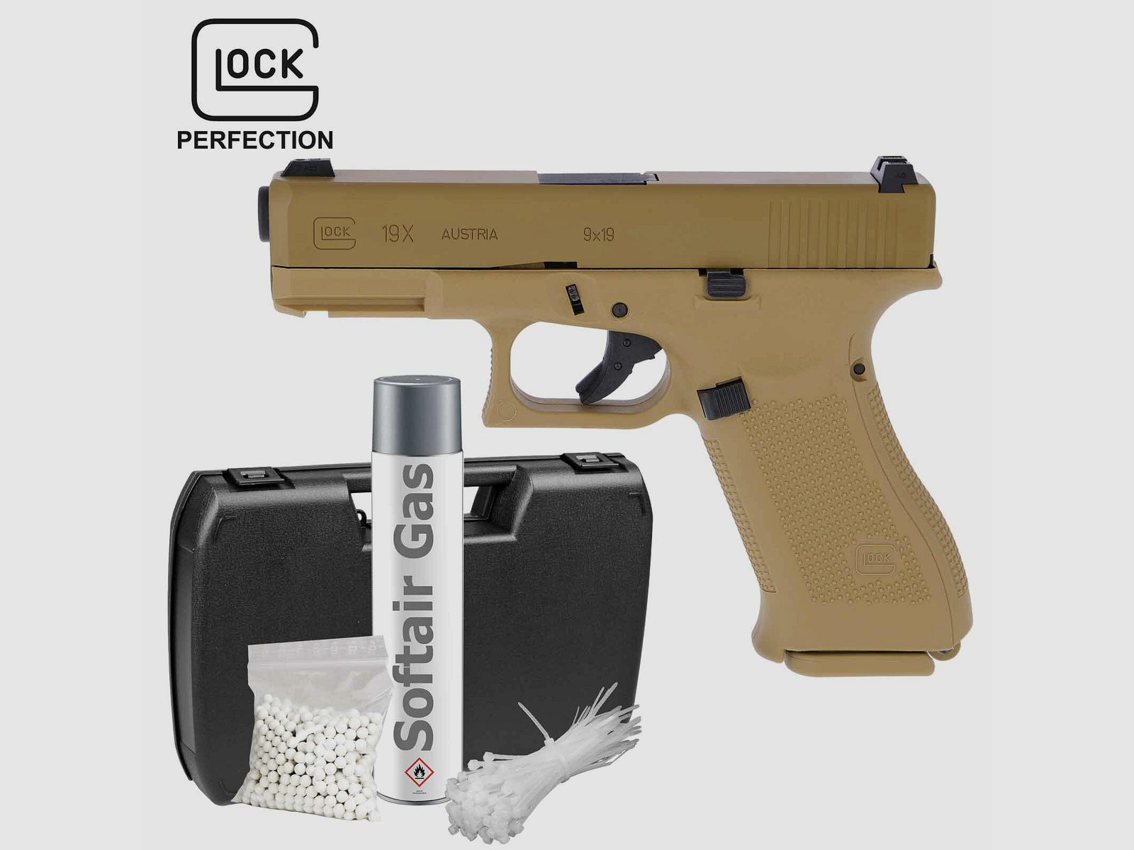 Komplettset Glock 19X Softair-Pistole Coyote Kaliber 6 mm BB  Gas Blowback (P18)
