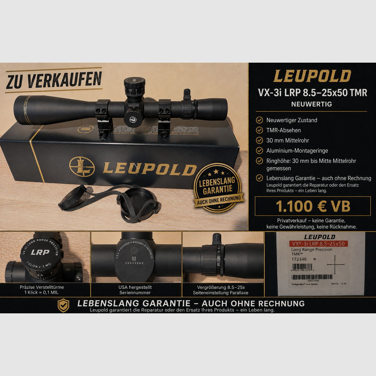 🔹 À vendre : Leupold ZF VX-3i LRP 8.5–25x50 TMR – comme neuf 🔹
