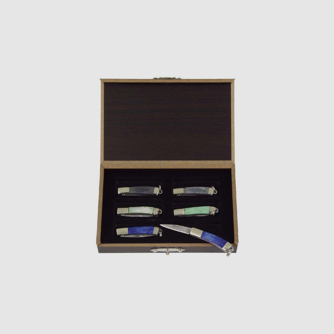Set de 6 mini couteaux de poche dans une boîte en bois