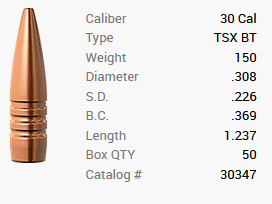 Proiettile Barnes .30/.308 150GR TSX BT 50 pezzi