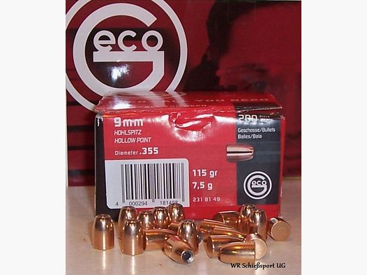 200 GECO Geschosse 9mm Para(.355Dia.) - 115grains(7,5gramm) - HP(Hollow-Point) -#2318149