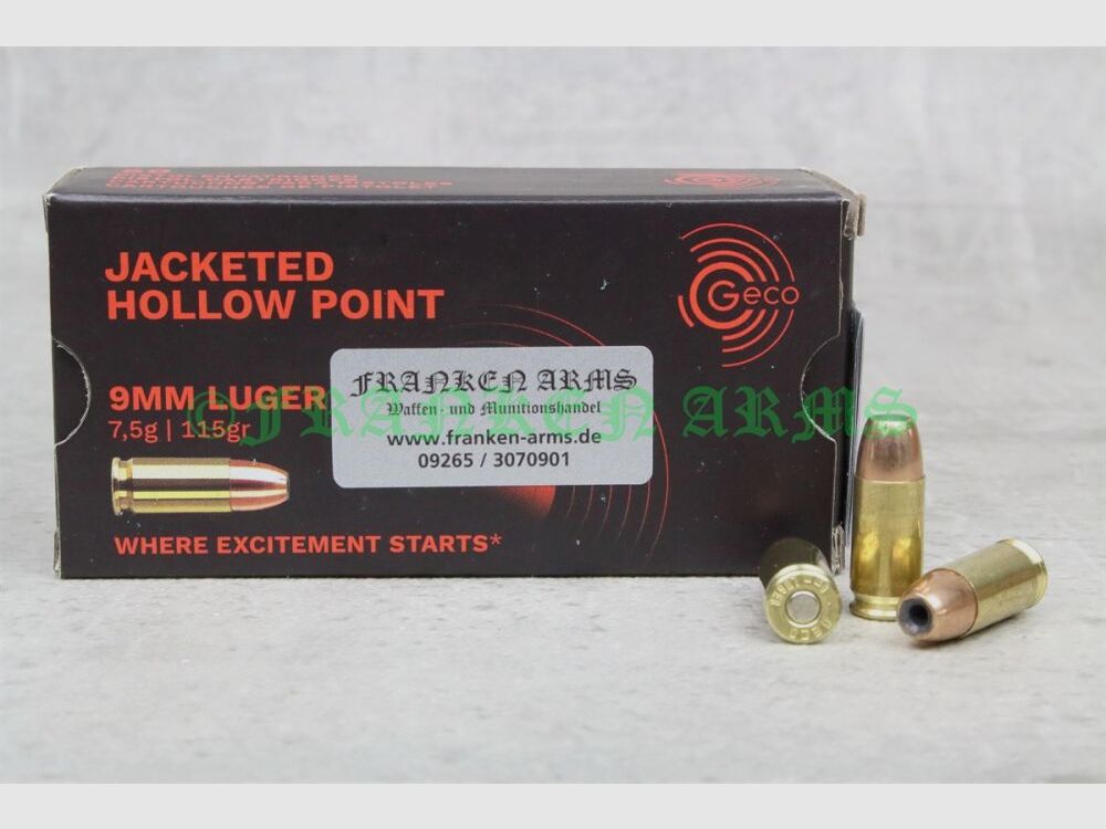 Geco 9mm Luger ogive creuse 115gr. 7,5g 50 pièces prix dégressifs