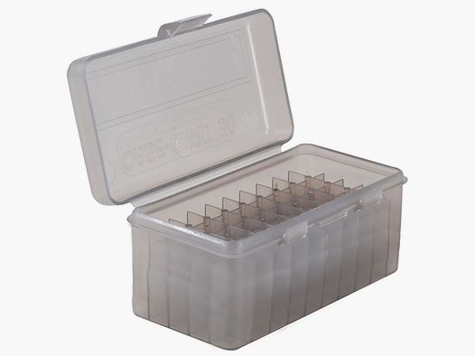 Boîte à cartouches MTM RL-50-41 claire fumée avec couvercle rabattable pour 50 cartouches .270 et autres.