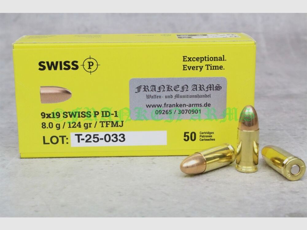 Swiss P 9x19 ID-1 FMJ 124gr. 8,0g 50 pezzi