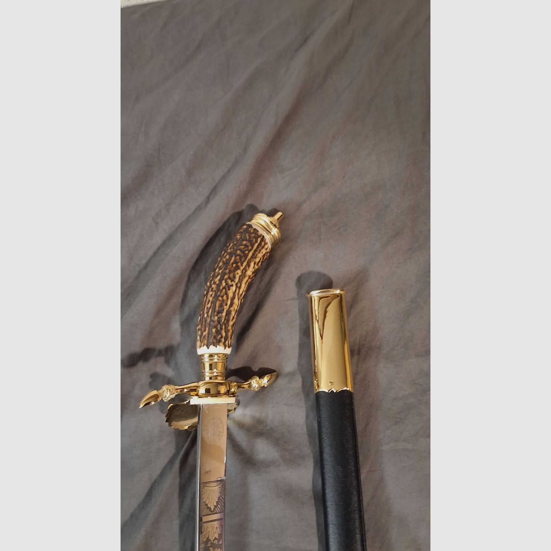 NEU -  1 Hirschfänger  -  50 cm -  24 k - Hirschhorn, immagine 4 di 6