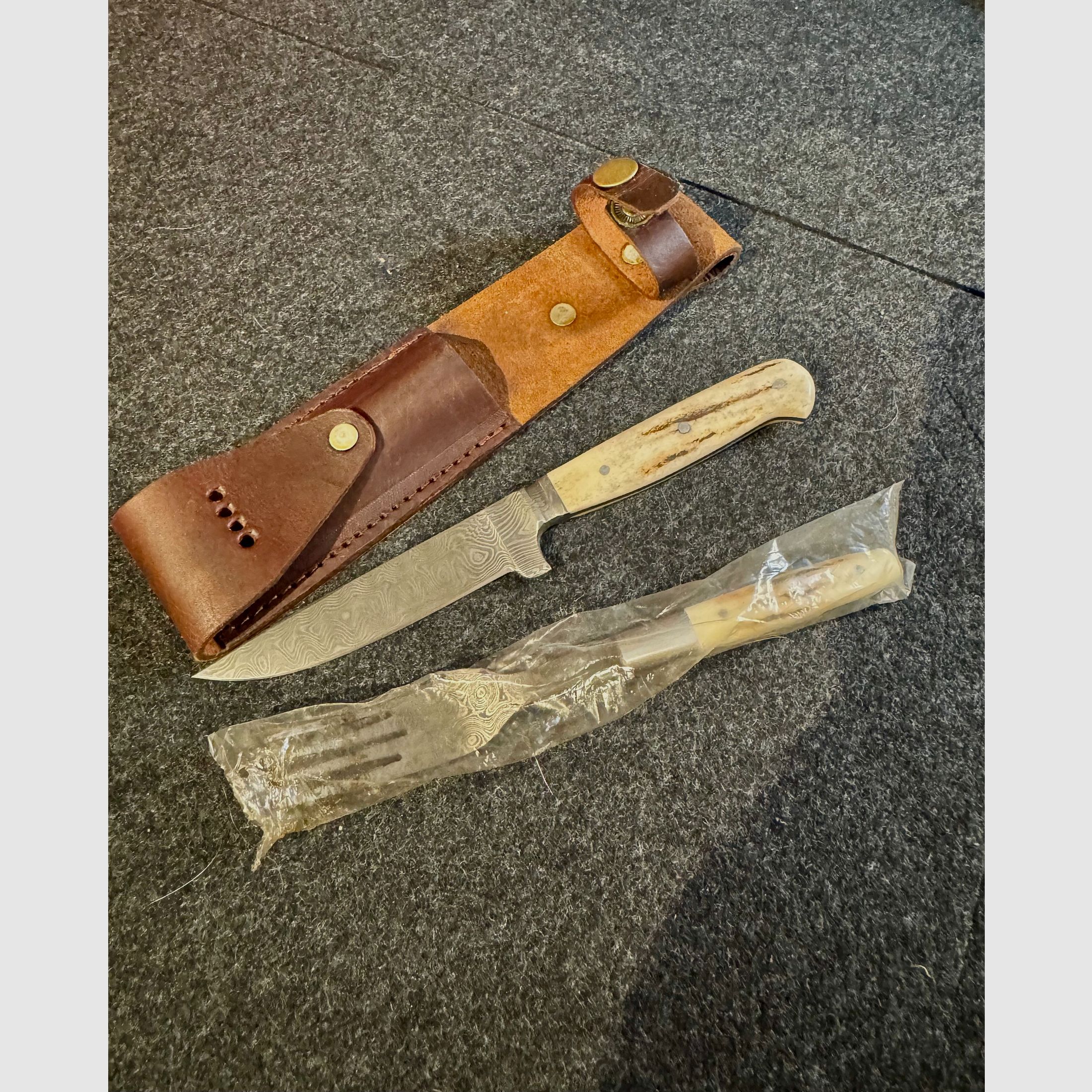 Jagdmesser, Gabel Set, Gürtelmesser, Hirschhorn, Jagd und Outdoor, Damastlook 71
