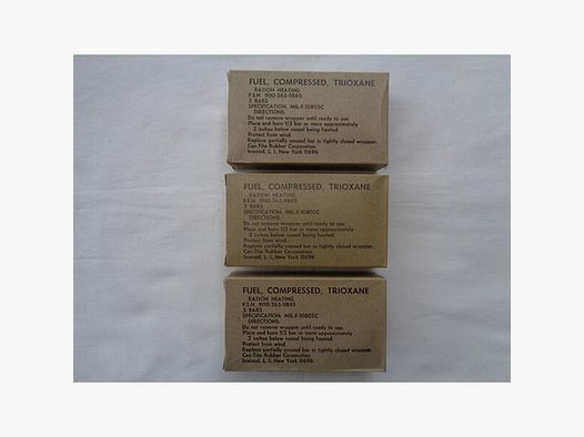 US ARMY Trioxane Trockenbrennstoff, 3 Kartons komplett DSA1970! Sammlerstücke in NOS!